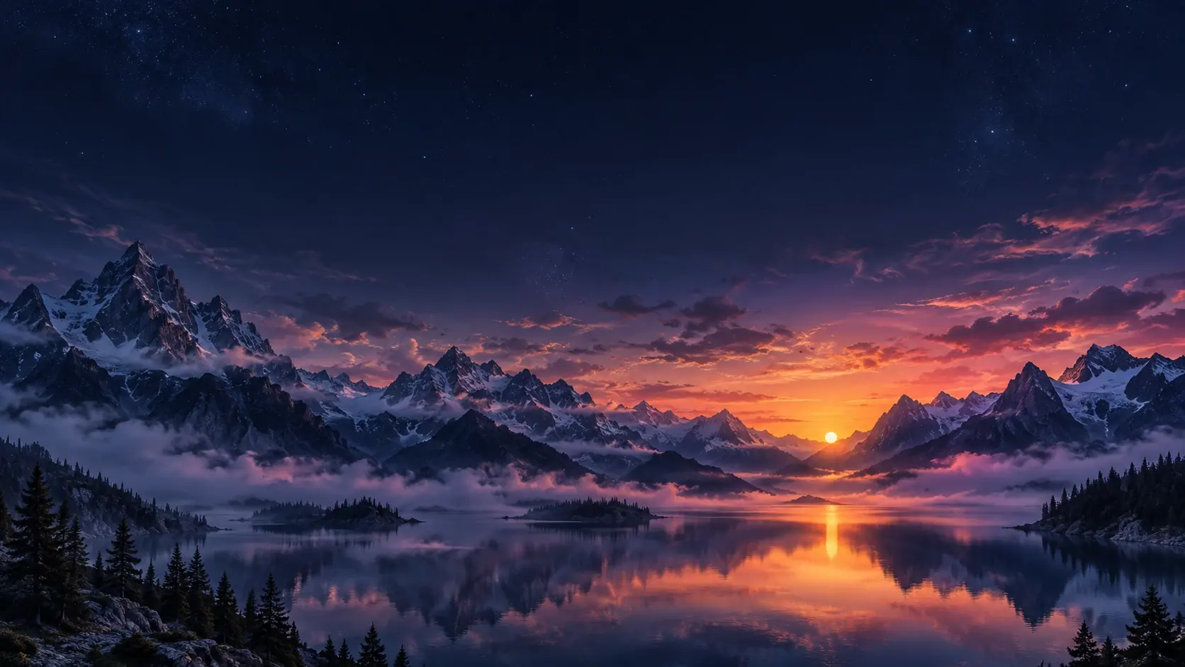 Alpine dusk: a sunset reflected in a mountain lake